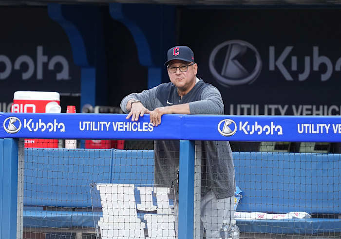 Aug 25, 2023; Toronto, Ontario, CAN; Cleveland Guardians manager Terry Francona (77) waits in the dugout during the pre-game against the Toronto Blue Jays at Rogers Centre. Mandatory Credit: Nick Turchiaro-USA TODAY Sports